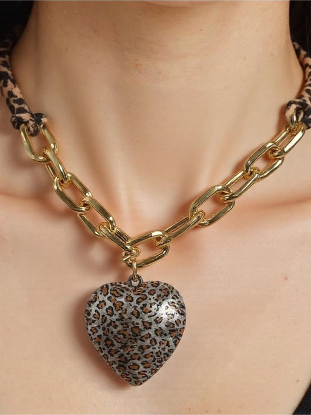 Gold-Tone Chain Necklace with Leopard-Print Heart Pendant